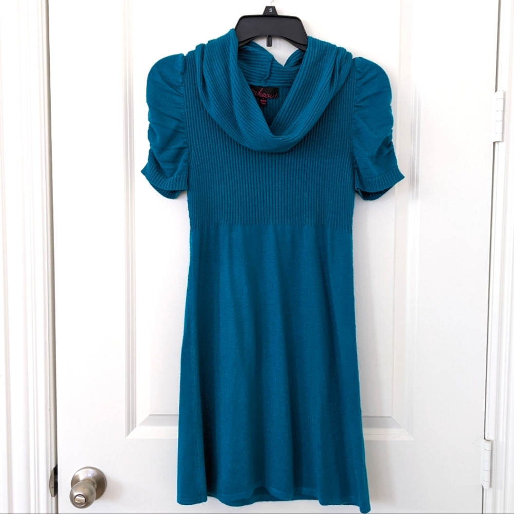Teal Blue Sweater Dress with Ruched sleeves cowl neckline Size Small
